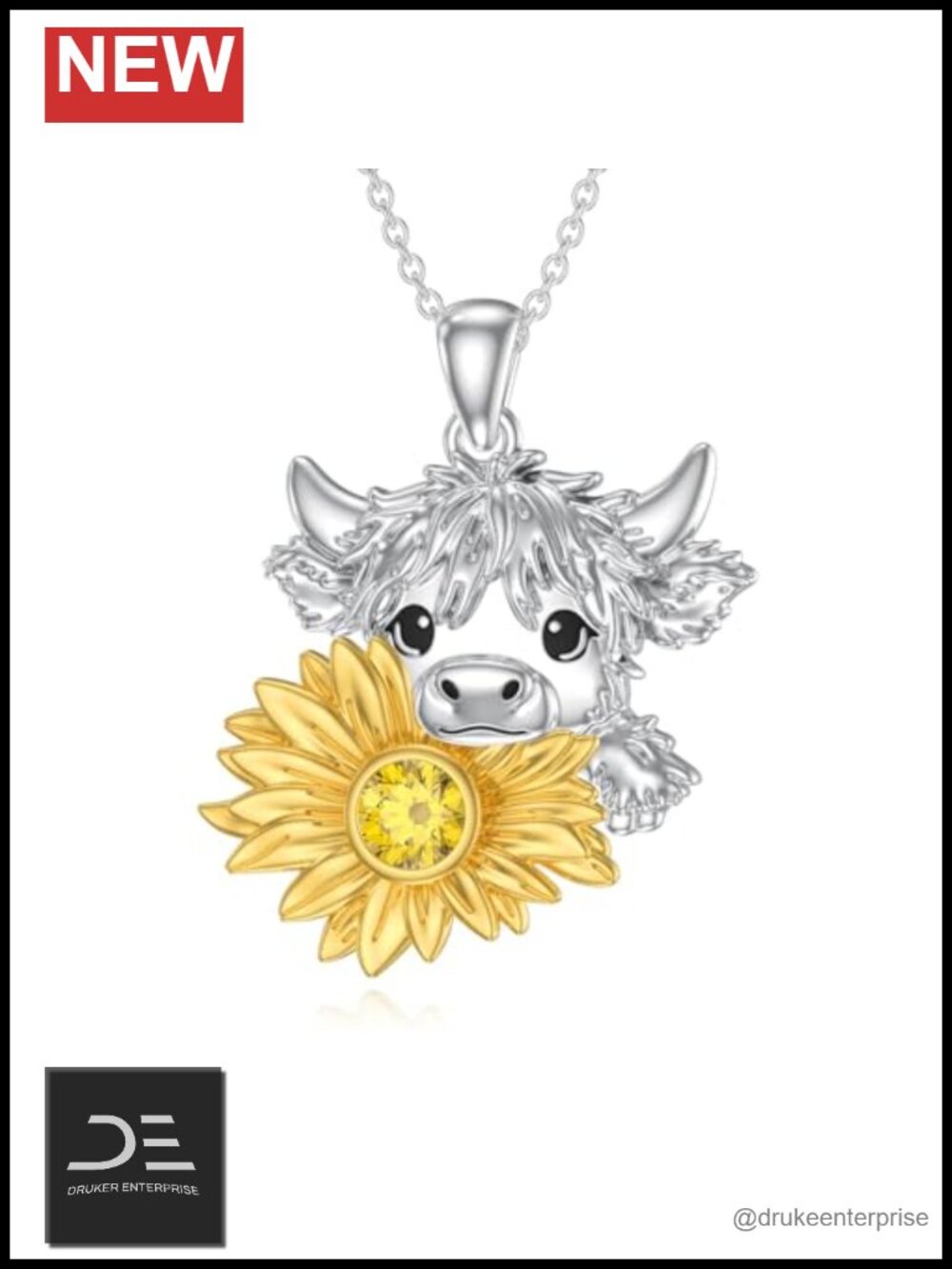 Sterling Silver Highland Cow Necklace with Natural Citrine Pendant 18" Chain